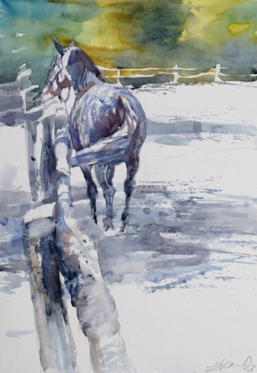 Ζωγραφική με τίτλο "Horse in the yard 2" από Goran Žigolić (watercolors), Αυθεντικά έργα τέχνης, Ακουαρέλα