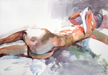 Malerei mit dem Titel "Nude on bed 4" von Goran Žigolić (watercolors), Original-Kunstwerk, Aquarell