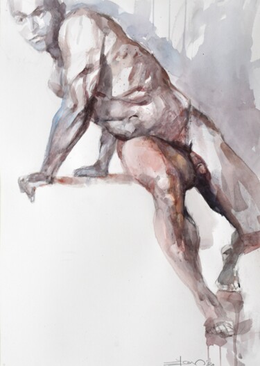 Painting titled "Nude man in twist" by Goran Žigolić (watercolors), Original Artwork, Watercolor