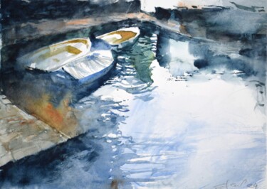 Pintura intitulada "Three boats 2" por Goran Žigolić (watercolors), Obras de arte originais, Aquarela