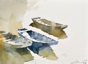 Painting titled "Three boats 3" by Goran Žigolić (watercolors), Original Artwork, Watercolor