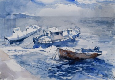 Картина под названием "Three boats at stor…" - Goran Žigolić (watercolors), Подлинное произведение искусства, Акварель
