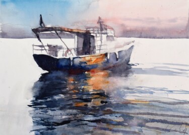 绘画 标题为“Ship in sunset” 由Goran Žigolić (watercolors), 原创艺术品, 水彩