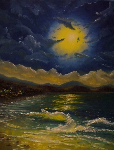 Peinture intitulée "Vagues de la nuit" par Oksana Gordijko, Œuvre d'art originale, Huile