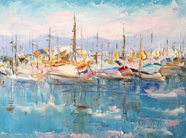 Картина под названием "Утренние яхты" - Oksana Gordijko, Подлинное произведение искусства, Масло