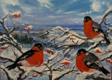 Painting titled "Снегири" by Oksana Gordijko, Original Artwork, Oil