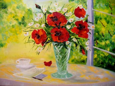 Bouquet de coquelicots dans un vase Peinture intitulée "Bouquet de coquelic…" par Oksana Gordijko, Œuvre d'art originale, Huile