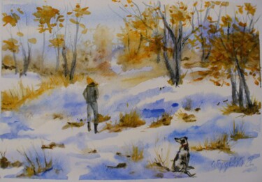 Painting titled "Première neige" by Oksana Gordijko, Original Artwork, Watercolor