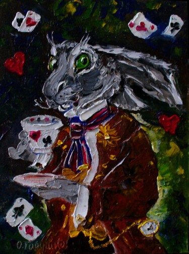 Painting titled "RABBIT from Alice i…" by Oksana Gordijko, Original Artwork, Oil Mounted on Wood Panel