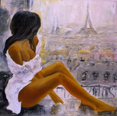 Malerei mit dem Titel "Paris with woman in…" von Oksana Gordijko, Original-Kunstwerk, Öl