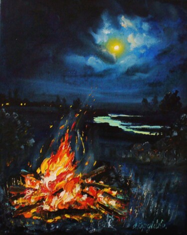 Painting titled "Burning campfire. F…" by Oksana Gordijko, Original Artwork, Oil