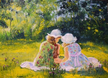 Painting titled "Children Play" by Oksana Gordijko, Original Artwork, Oil Mounted on Wood Stretcher frame