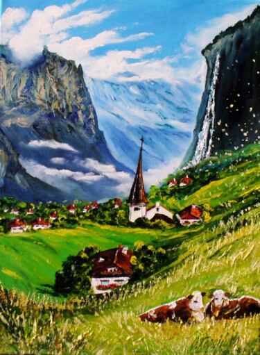 Painting titled "Switzerland Lauterb…" by Oksana Gordijko, Original Artwork, Oil Mounted on Wood Panel