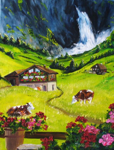 Painting titled "Switzerland waterfa…" by Oksana Gordijko, Original Artwork, Oil Mounted on Wood Stretcher frame