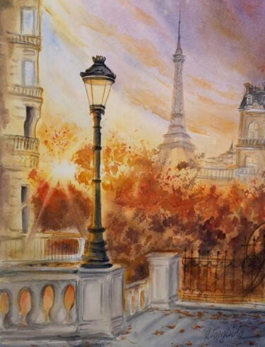 Peinture intitulée "October in Paris" par Oksana Gordijko, Œuvre d'art originale, Aquarelle