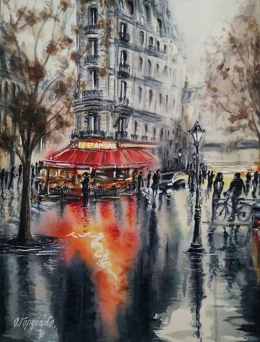 Malerei mit dem Titel "Parisian cafe" von Oksana Gordijko, Original-Kunstwerk, Aquarell