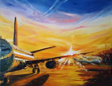 Malerei mit dem Titel "Airplane at Sunset" von Oksana Gordijko, Original-Kunstwerk, Öl