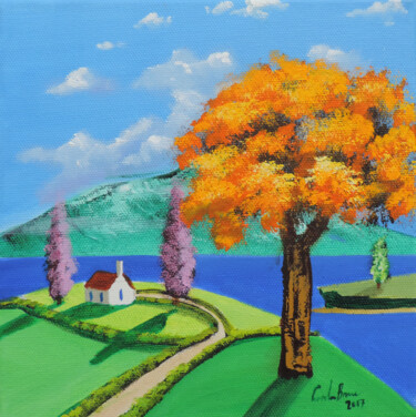 Malerei mit dem Titel "Orange tree folk art" von Gordon Bruce, Original-Kunstwerk, Öl