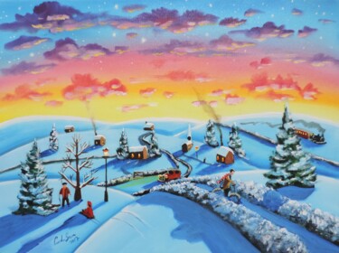 Schilderij getiteld "Winter naive art" door Gordon Bruce, Origineel Kunstwerk, Olie