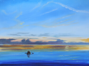 Schilderij getiteld "Boat on the sea blue" door Gordon Bruce, Origineel Kunstwerk, Olie