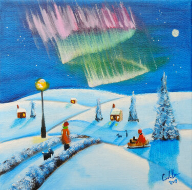 Painting titled "Winter northern lig…" by Gordon Bruce, Original Artwork, Oil