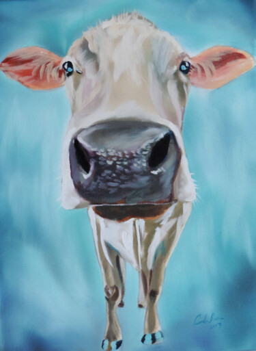Malerei mit dem Titel "Close up cow face" von Gordon Bruce, Original-Kunstwerk, Öl