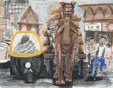 Картина под названием "Main Street Jodhpur…" - Gordonartist1, Подлинное произведение искусства, Акварель