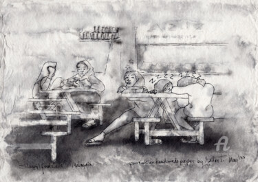 Peinture intitulée "Sleepy foodstalls,…" par Gordonartist1, Œuvre d'art originale, Encre