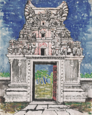 Schilderij getiteld "Gopuram, gateway to…" door Gordonartist1, Origineel Kunstwerk, Aquarel