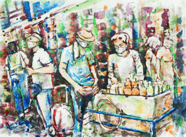 Ζωγραφική με τίτλο "Market lanes, Bangk…" από Gordonartist1, Αυθεντικά έργα τέχνης, Ακρυλικό