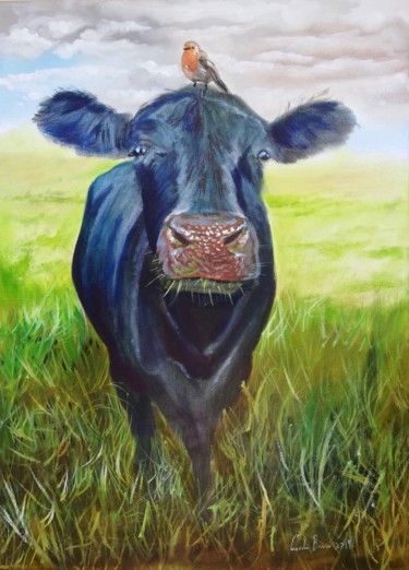 Painting titled "Cow painting, cow a…" by Gordon Bruce, Original Artwork, Oil Mounted on Wood Stretcher frame