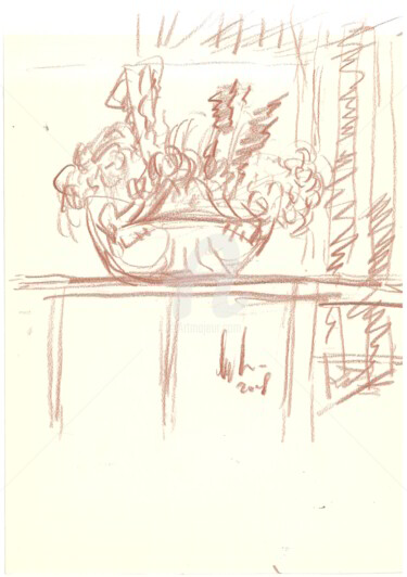 Disegno intitolato "tavolo-con-fiori" da Bruno, Opera d'arte originale, Pastello