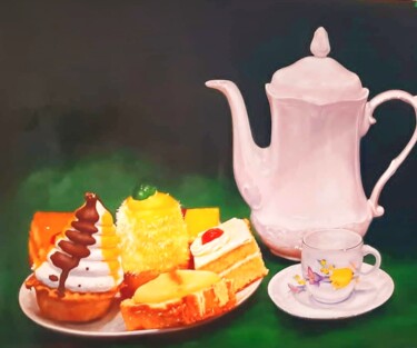 Painting titled "cafe y pasteles" by Gorka Gonzalez Crespo, Original Artwork, Oil Mounted on Wood Stretcher frame