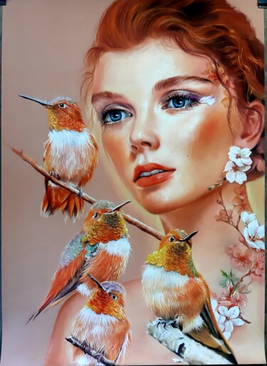 Pintura intitulada "Colibri" por Gorka Gonzalez Crespo, Obras de arte originais, Pastel Montado em Cartão