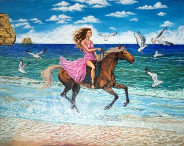 Painting titled "Flying on the waves" by Goroboy, Original Artwork, Oil Mounted on Wood Stretcher frame