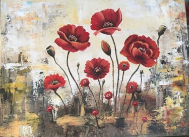 Peinture intitulée "Poppies on abstract…" par Malgorzata Kuraczyk, Œuvre d'art originale