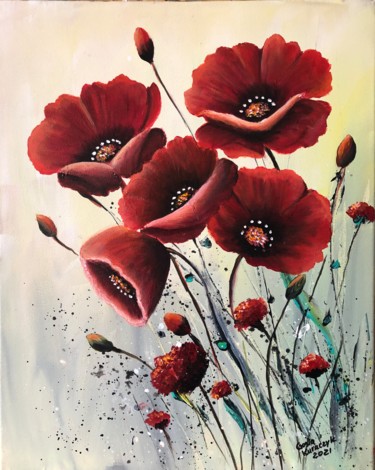 Painting titled "Poppies on canvas" by Malgorzata Kuraczyk, Original Artwork, Acrylic