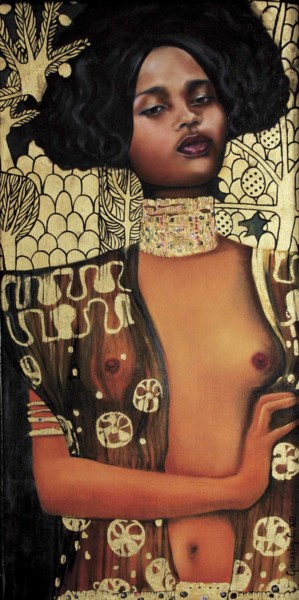 Ζωγραφική με τίτλο "L'Africaine Klimtée" από Catherine Gosselin, Αυθεντικά έργα τέχνης, Λάδι Τοποθετήθηκε στο Ξύλινο φορείο…