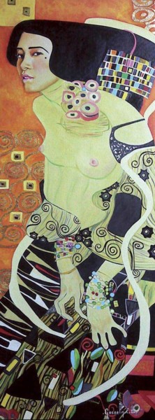 Painting titled "La Japonaise Klimtée" by Catherine Gosselin, Original Artwork, Oil Mounted on Wood Stretcher frame