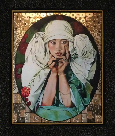 Painting titled "La Japonaise et l'O…" by Catherine Gosselin, Original Artwork, Oil Mounted on Wood Stretcher frame