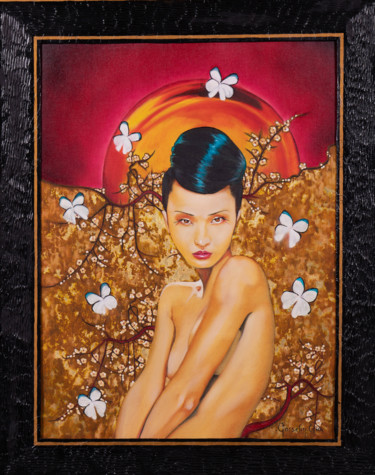 Painting titled "Papillons de nuit" by Catherine Gosselin, Original Artwork, Oil Mounted on Wood Stretcher frame