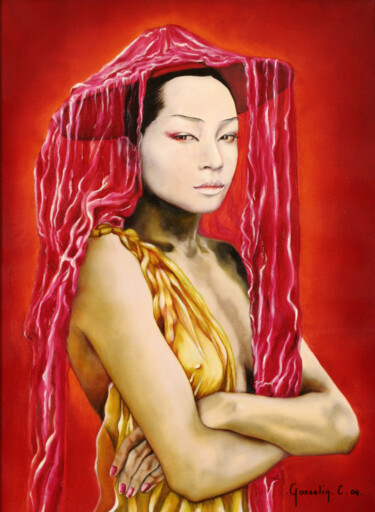 Peinture intitulée ""La Japonaise Voilé…" par Catherine Gosselin, Œuvre d'art originale, Huile Monté sur Châssis en bois