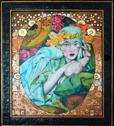 Painting titled "La Japonaise au Dra…" by Catherine Gosselin, Original Artwork, Oil Mounted on Wood Stretcher frame