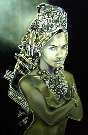 Painting titled "La Femme au Collier…" by Catherine Gosselin, Original Artwork, Oil Mounted on Wood Stretcher frame