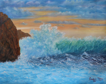 Картина под названием "Crashing Sea waves…" - Goutami Mishra, Подлинное произведение искусства, Масло