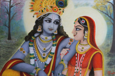 Painting titled "Radha Krishna Oil P…" by Goutami Mishra, Original Artwork, Oil