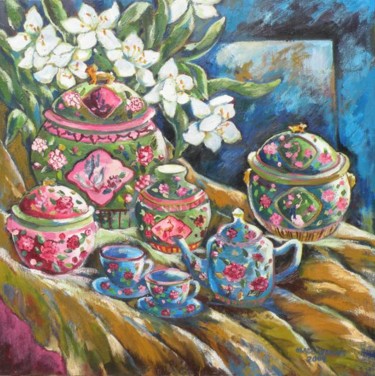 Painting titled "Famille Rose Porcel…" by Grace Choong, Original Artwork, Oil