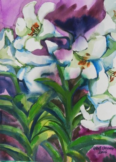 Painting titled "White Lilies" by Grace Choong, Original Artwork, Oil