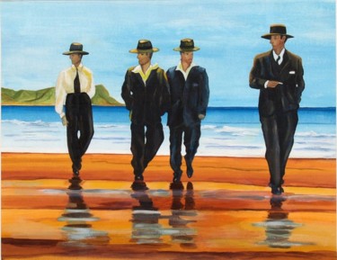 Schilderij getiteld "Mannen op het strand" door Graddy Been, Origineel Kunstwerk