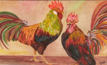 Schilderij getiteld "Trotse hanen" door Graddy Been, Origineel Kunstwerk